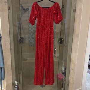 Red Sequin Off-Shoulder Jumpsuit Venus